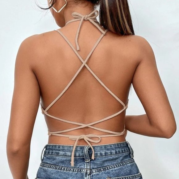 boho Tied Backless Asymmetrical Hem Knit crop Top - Picture 5 of 5